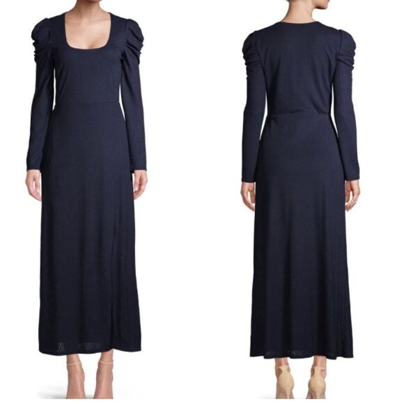 Prospect The Label Women's Sz Medium Navy Puff Sleeve Ribbed Dress - Picture 3 of 8